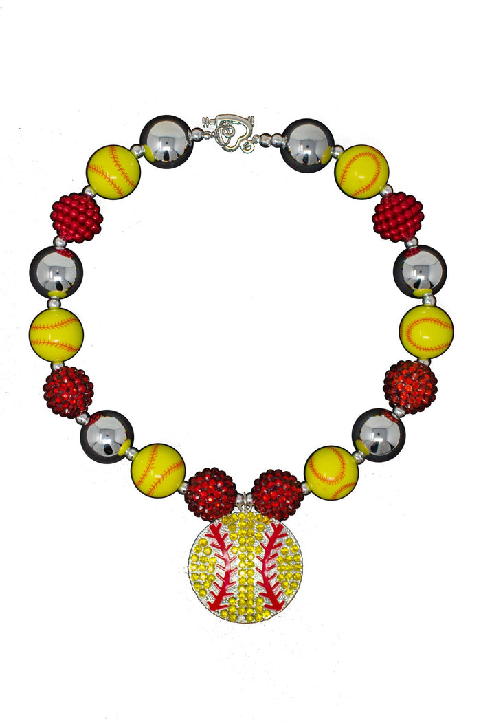 Yellow & Red Rhinestone Softball Necklace - Default Title - Yellow and red rhinestone softball pendant necklace with alternating red, yellow, and silver beads.