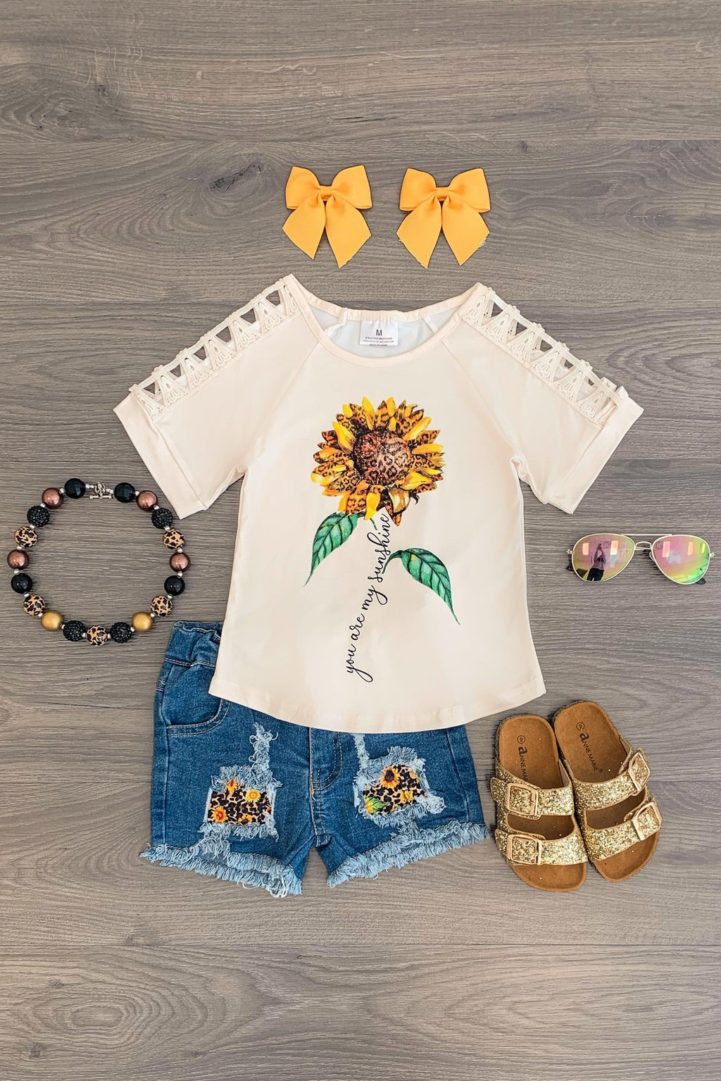 "You Are My Sunshine" Crochet Denim Short Set - Sparkle in Pink